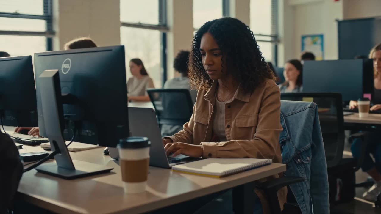 A young woman working at a computer in a bright training room