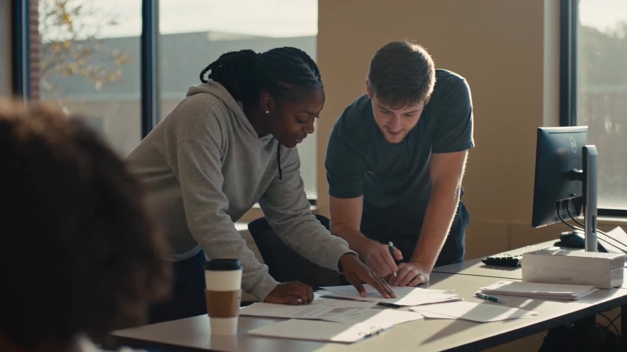 A mentor and a young man reviewing documents at a desk