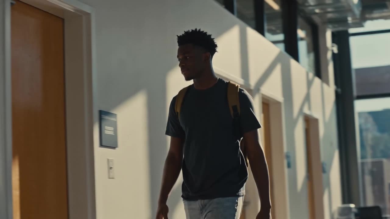 A young man with a backpack walking through a doorway