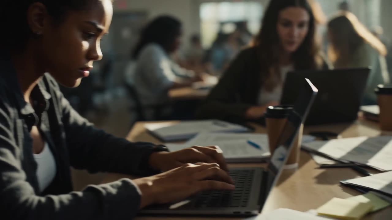 A young woman typing on a laptop at a shared table