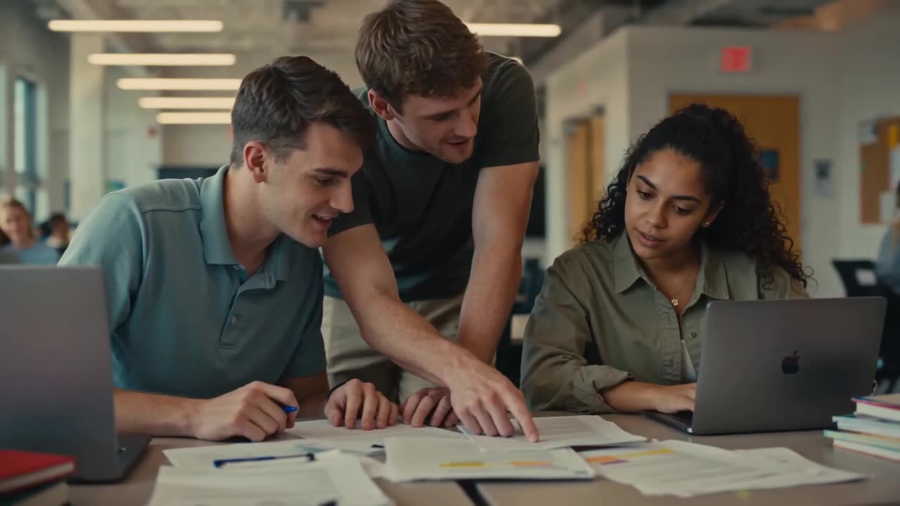 Three young adults working through paperwork together at a table
